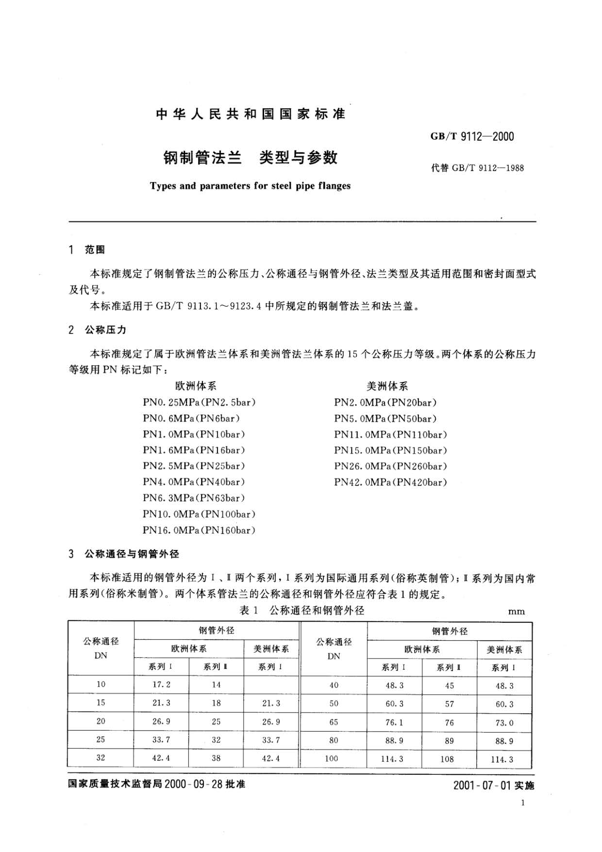 鋼制管法蘭類型與參數(shù)的國家標準GB 9112-2000
